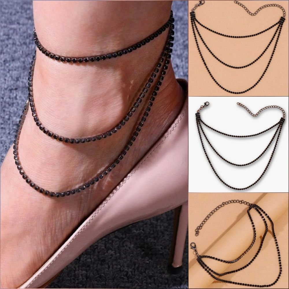 🔸️NIB Black 3-Layered Rhinestone Adjustable Anklet - Picture 2 of 12